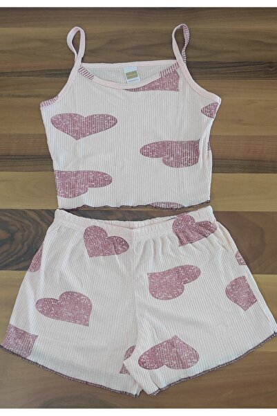 pijamania Women's Camisole Fabric, Large Heart Pattern, Strap, Shorts Set.