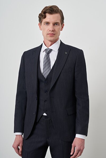 Morven Erkek Lacivert Trend Yelekli Slim Fit Sivri Yaka Takım Elbise