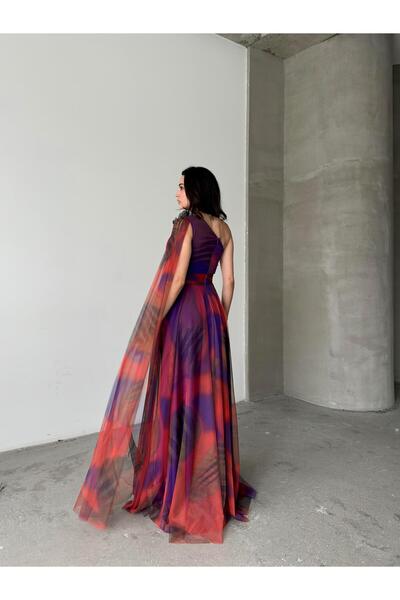 Serica Moda Rochie de seară lungă cu umăr portocaliu și detaliu floral