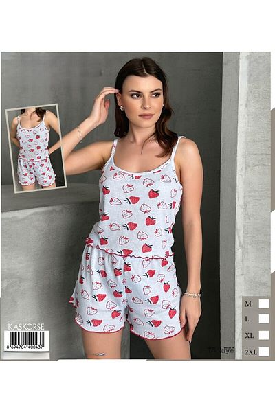 pijamania Women's Camisole Fabric, Strawberry Pattern, Strap, Shorts Set.