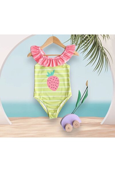 cgboutiquestylekids Cg Kids Girl's Ruffle Collar Cross Back Green Striped Pink Strawberry Pattern Detailed Swimsuit Bikini