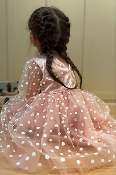 penu baby kids Φόρεμα για κοριτσάκι και κορίτσι με μοτίβο λουλουδιών σε πούδρα, τούλι και μανίκια τριών τετάρτων - Λουλούδι
