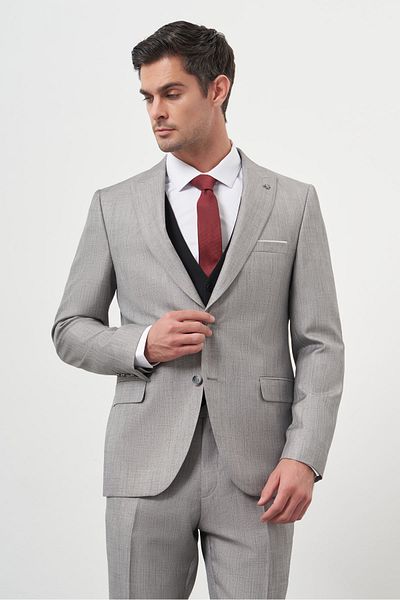 Morven Men's Gray Trendy Vest Combination Slim Fit Pointed Collar Suit