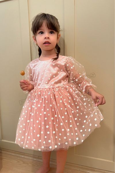 penu baby kids Φόρεμα για κοριτσάκι και κορίτσι με μοτίβο λουλουδιών σε πούδρα, τούλι και μανίκια τριών τετάρτων - Λουλούδι