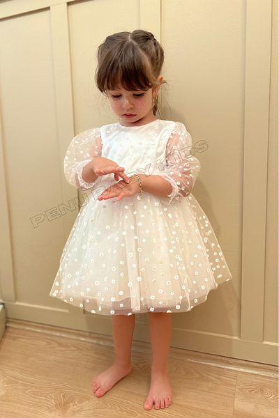 penu baby kids White Floral Patterned Tulle Skirt and Three Quarter Tulle Sleeve Baby Girl & Girl's Dress - Flower
