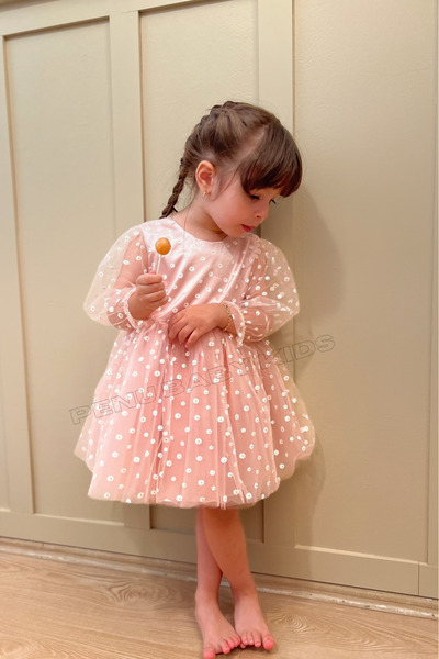 penu baby kids Pudra Çiçek Desenli Tül Etekli Ve Truvakar Tül Kol Kız Bebek & Kız Çocuk Elbise - Flower
