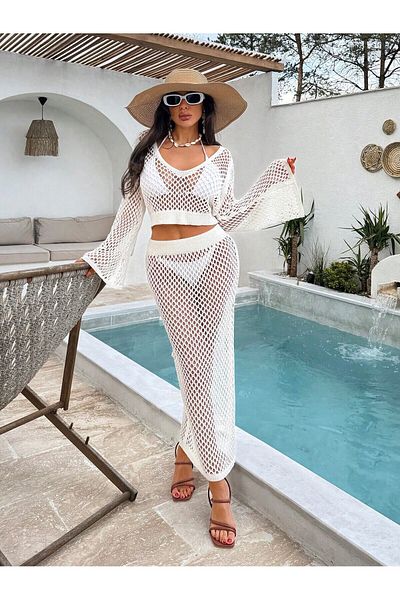 tofan Knitwear Openwork Slit Crop Skirt Set