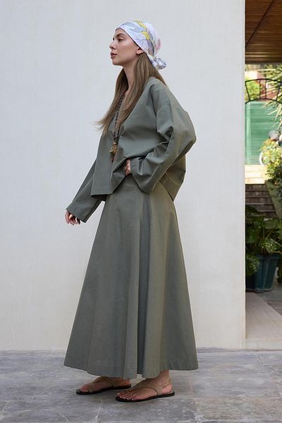 KADRİYE BAŞTÜRK Lune Linen Shirt Skirt Set Green