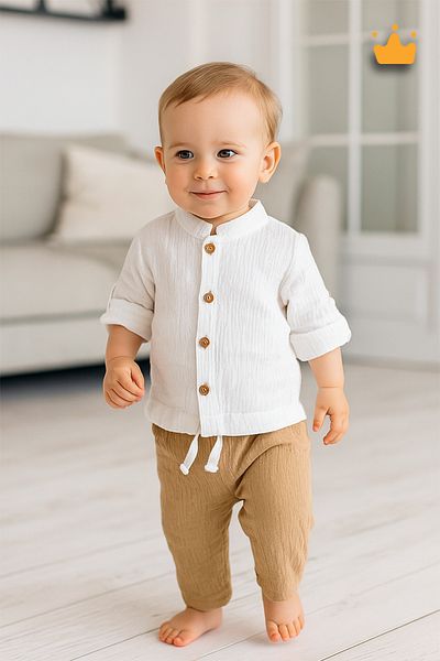 Babyhola Baby Boy 0-2 Years Cotton Lancelin Shirt and Pants Set Beige 22407