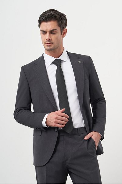 Morven Men's Anthracite Wool Slim Fit Mono Collar Suit