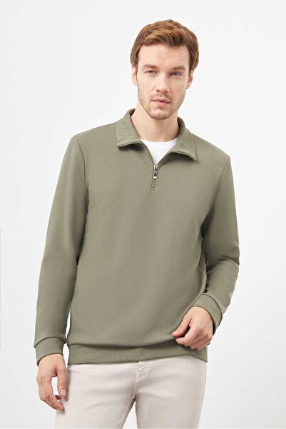 Morven Men's Khaki Zippered Bato Collar Sweat-Shirt