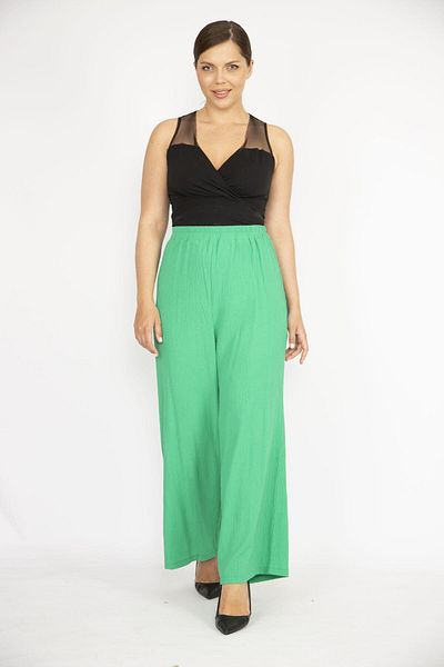 Şans Women's Green Large Size Elastic Waist Wide Leg Aeorobin Fabric Trousers 65n36496