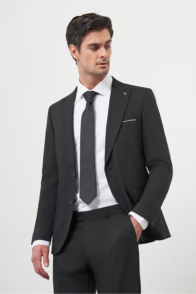 Morven Men's Black Basic Jacquard Pattern Slim Fit Pointed Collar Suit