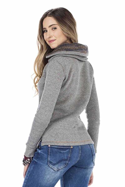 Cipo&Baxx Kadın Gri Çift Kat Yakalı Cepli Sweatshirt