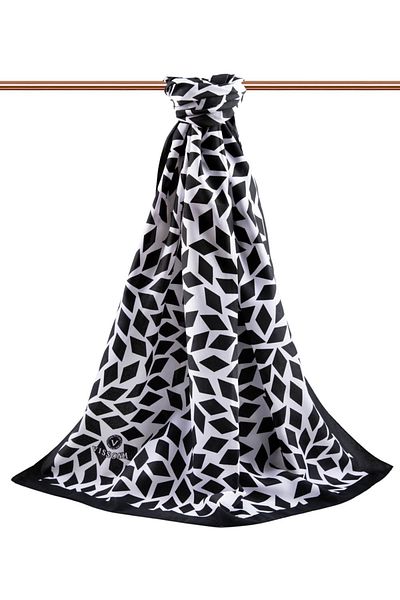 Vissona Luxury Medina Silk Geometric Pattern Μαύρο - Λευκό Χρώμα 75x195 Ανθεκτικό σάλι Moss Crepe Τύπος ραφής