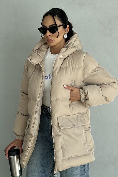 moda armanc Hooded Oversize Women's down Jacket - 4 Pocket Detail, Beige