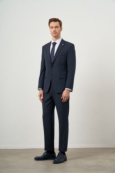 Morven Men's Navy Blue Polyviscon Trend Plaid Dynamic Fit Mono Collar Suit