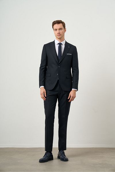Morven Men's Navy Blue Polyviscon Basic Jacquard Pattern Slim Fit Pointed Collar Suit with Vest
