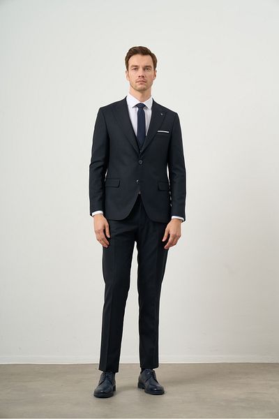 Morven Men's Navy Blue Polyviscon Basic Jacquard Pattern Slim Fit Pointed Collar Suit with Vest