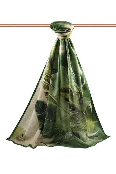 Vissona Πολυτελές Medina Silk Leaf μοτίβο Σμαραγδένιο Πράσινο Χρώμα 75x195 Ανθεκτικό σάλι Moss Crepe Τύπος ραφής Ιταλία