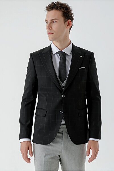 Morven Erkek Siyah Kareli Kombinli Slim Fit Takım Elbise