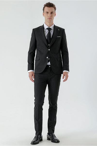 Morven Men's Black Polyviscon Trend Vest Striped Pattern Slim Fit Pointed Collar Suit
