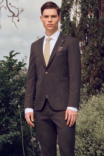Morven Men's Navy Blue Polyviscon Trend Striped Pattern Slim Fit Mono Collar Suit
