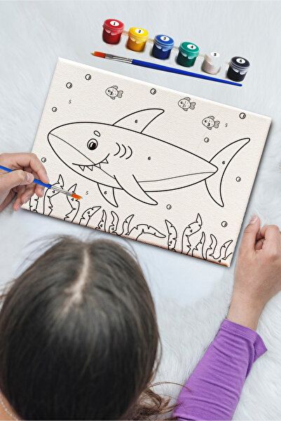 Postermanya Köpek Balığı Sayılarla Boyama Tuval Seti Çocuk, Kodlamalı Aktivit...