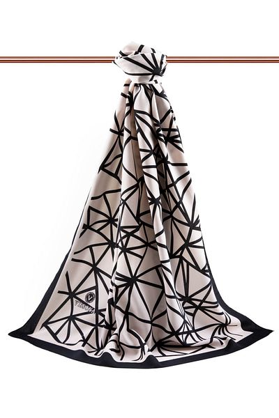 Vissona Luxury Medina Silk Geometric Pattern Μαύρο - Λευκό Χρώμα 75x195 Ανθεκτικό σάλι Moss Crepe Τύπος ραφής