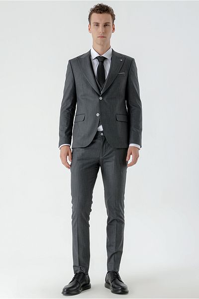 Morven Men's Black Polyviscon Trend Vest Patterned Slim Fit Pointed Collar Suit