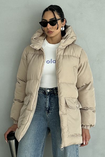 moda armanc Hooded Oversize Women's down Jacket - 4 Pocket Detail, Beige