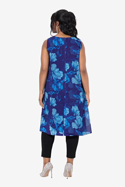 Şans Kadın Büyük Beden Saks, Çiçek Desenli , Şifon Detaylı Elbise 65N38966