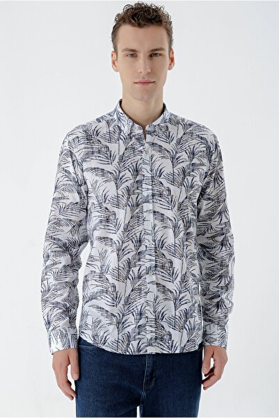 Morven Men's Navy Blue Cotton Printed Pattern Slim Fit Shirt