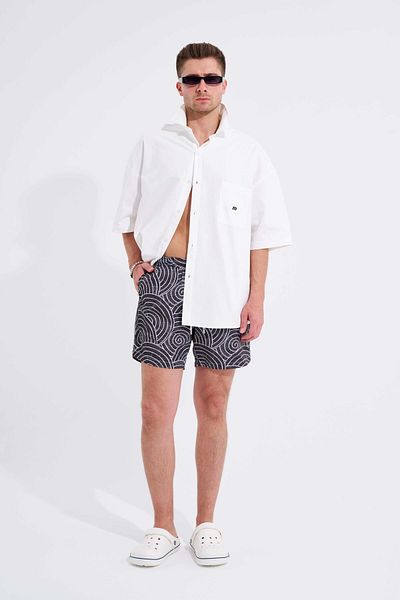 Machinist Men's Vintage Printed Black and White Swim Shorts - Traditional