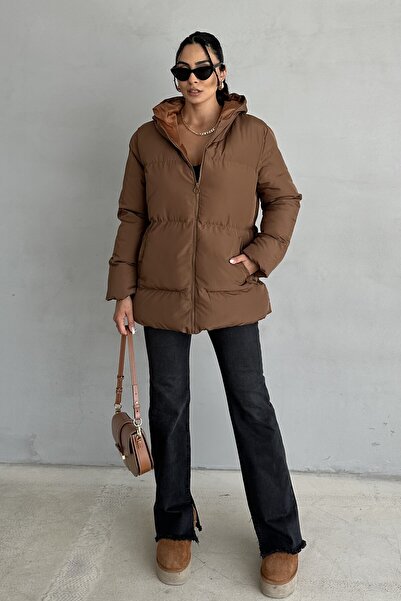 moda armanc Dámský hnědý kabát s kapucí