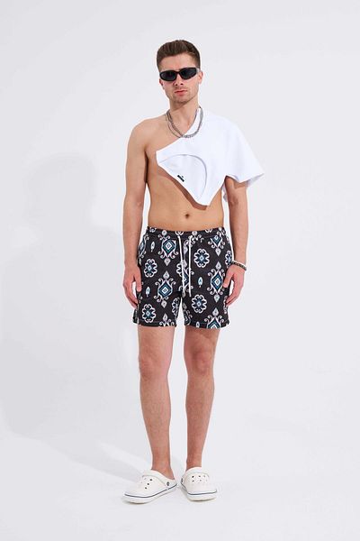 Machinist Men's Black Geometric Ethnic Printed Swim Shorts