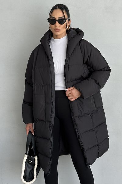 moda armanc Puffer Black Hooded Long Women's down Jacket - Bat Sleeve