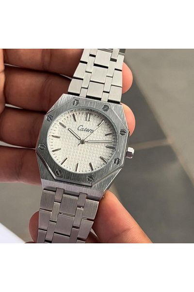 catera Men's silver-tone steel watch with a white dial