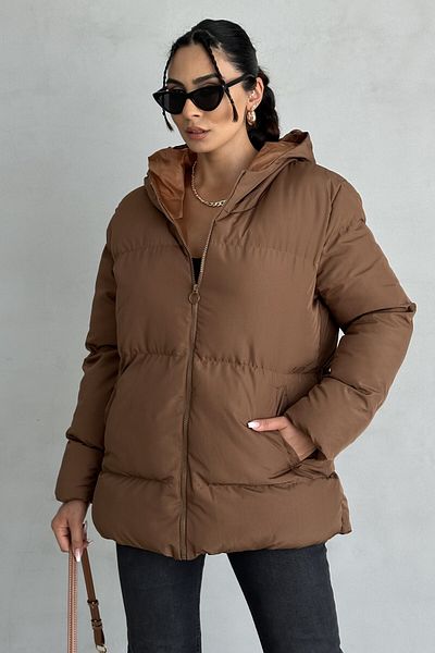 moda armanc Дамско кафяво пухено палто с качулка