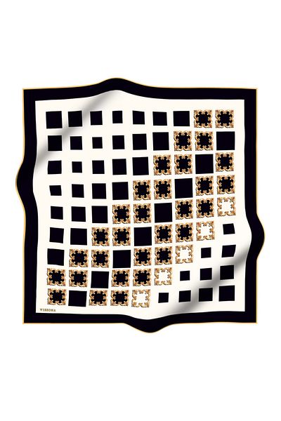 Vissona 100% Twill Silk Nostalgia Pattern Μαύρο / Κρεμ Χρώμα 90x90 Φουλάρι Σχήμα Φύτευσης: Ράψιμο στο χέρι
