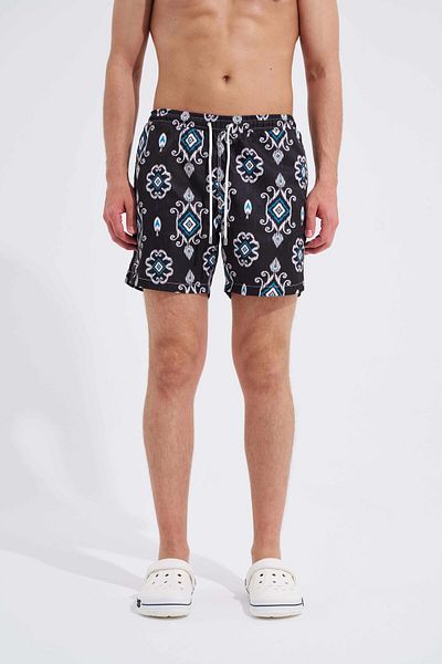 Machinist Men's Black Geometric Ethnic Printed Swim Shorts