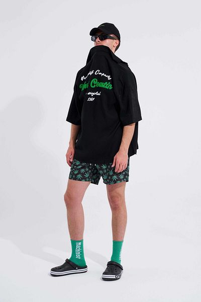 Machinist Men's Cannabis Leaves Printed Black Green Swim Shorts