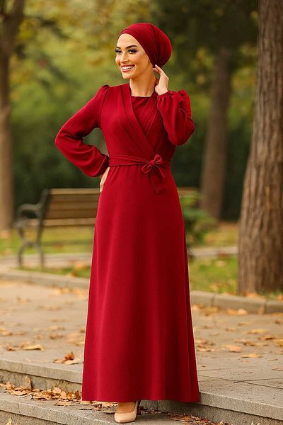 Neva Style Drape Detailed Burgundy Hijab Dress 30002Br