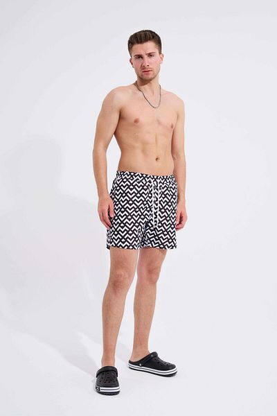 Machinist Men's Black and White Abstract Lines Printed Swim Shorts