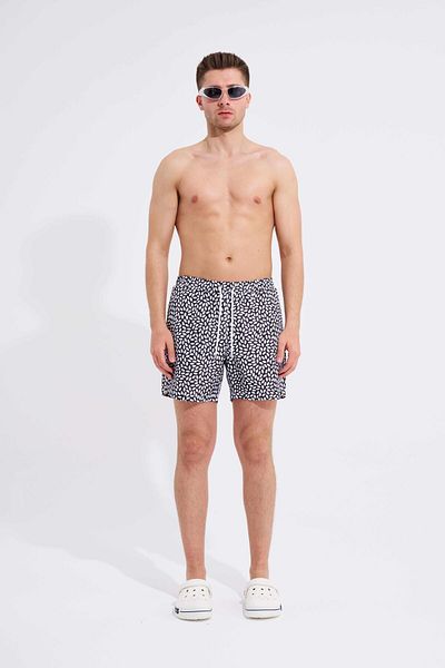 Machinist Men's - Leaves Printed Black and White Swim Shorts