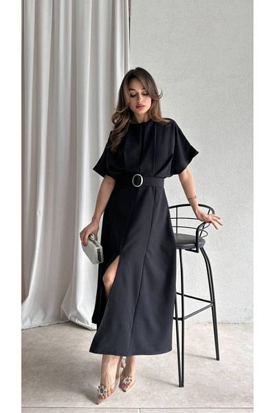 MEECY Maxi μαύρο φόρεμα με ζώνη