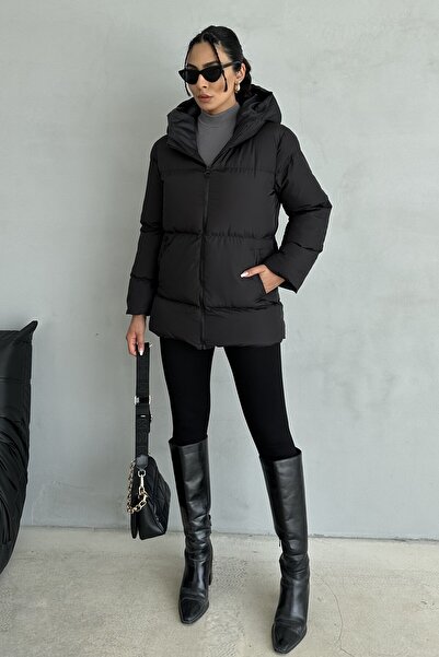 moda armanc Kadın Siyah Kapüşonlu Şişme Mont