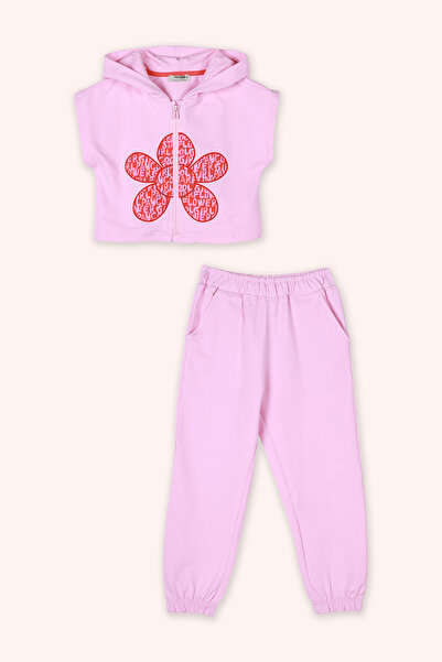 Panço Kız Çocuk Pembe Çiçek Motifli Pembe 2'li Takım