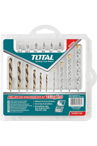TOTAL 16 Pcs Drill Bits & Screwdriver Bits Set Tacsd3165