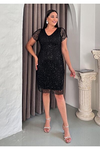 Butik Nilyam Kadın Büyük Beden Kısa Kol V Yaka Ağ Dantel Payetli Kısa Abiye 2...